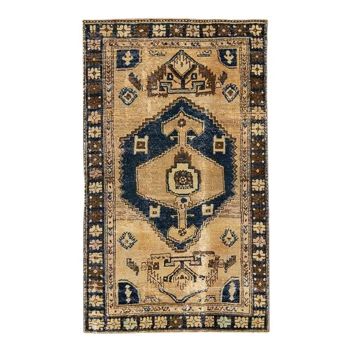 Vintage Persian Handmade Geometric Wool Rug 3'4 x 5'7 Beige: Vintage Persian Handmade Geometric Wool Rug 3'4 x 5'7 Beige This exquisite vintage Persian rug showcases a beautifully distressed hand-knotted wool construction, featuring a warm beige color field com