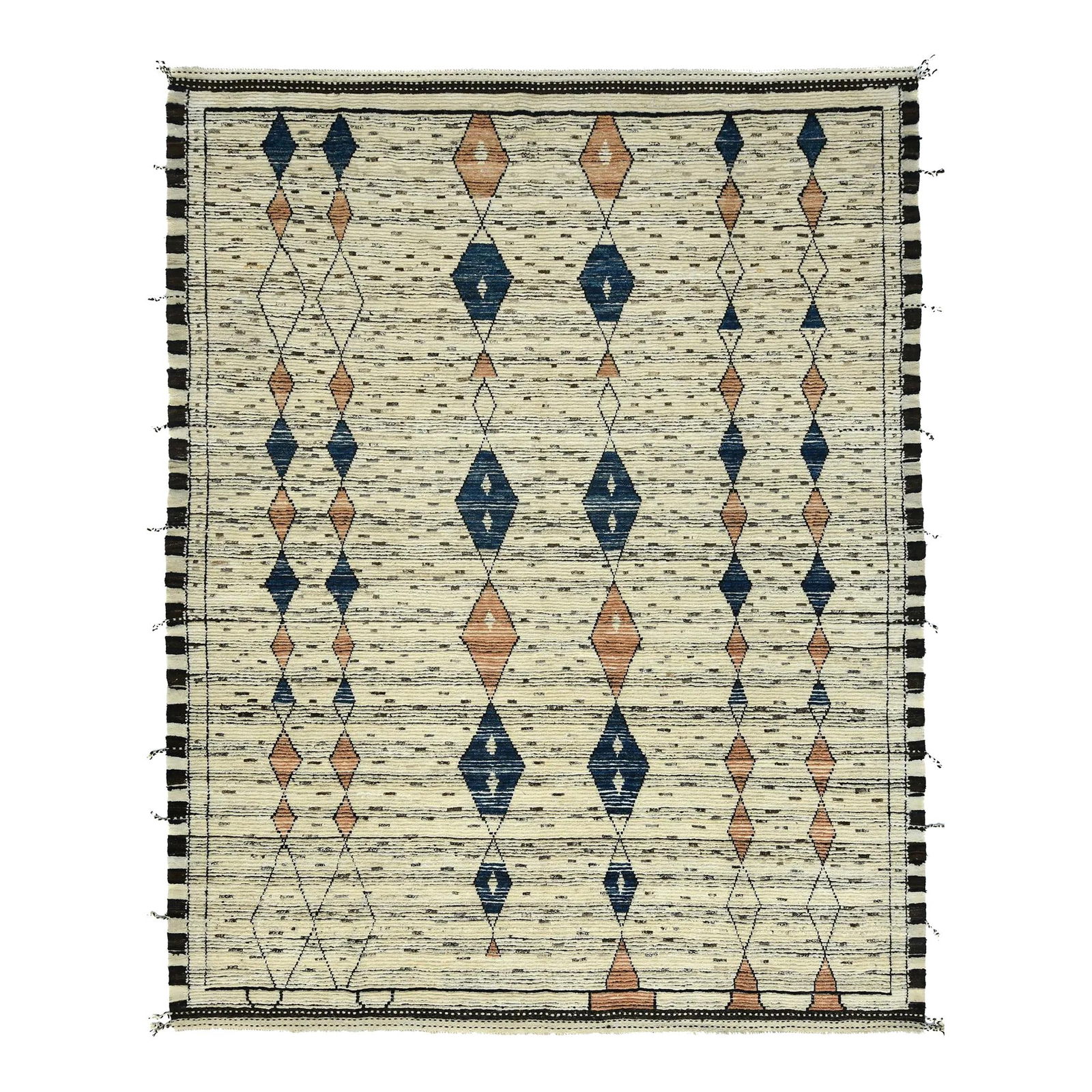 Handmade Beige Moroccan Tribal Wool Rug 9'4 x 11'11: Handmade Beige Moroccan Tribal Wool Rug 9'4 x 11'11 Enhance your living space with this stunning handmade Moroccan-style wool rug. Featuring a warm beige field adorned with a vibrant multicolor tribal