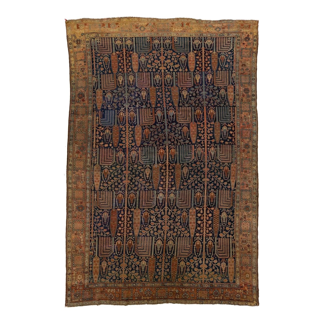 Antique 1900s Bakshaish Wool Rug Handmade Blue Rust Design 9'5 x 13'10: Antique 1900s Bakshaish Wool Rug Handmade Blue Rust Design 9'5 x 13'10 Experience the timeless beauty of this hand-knotted antique Bakshaish rug, showcasing a rich navy blue background adorned with vi