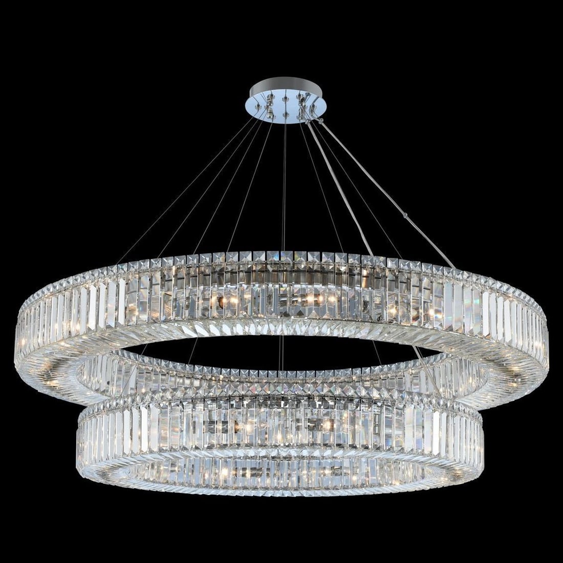 Kalco Rondelle Pendant Light Chrome Crystal 2-Tier 30 Bulbs Dimmable: Kalco Rondelle Pendant Light Chrome Crystal 2-Tier 30 Bulbs Dimmable Illuminate your space with the Rondelle Collection Pendant, a stunning blend of chrome and crystal elegance. This two-tier round pe
