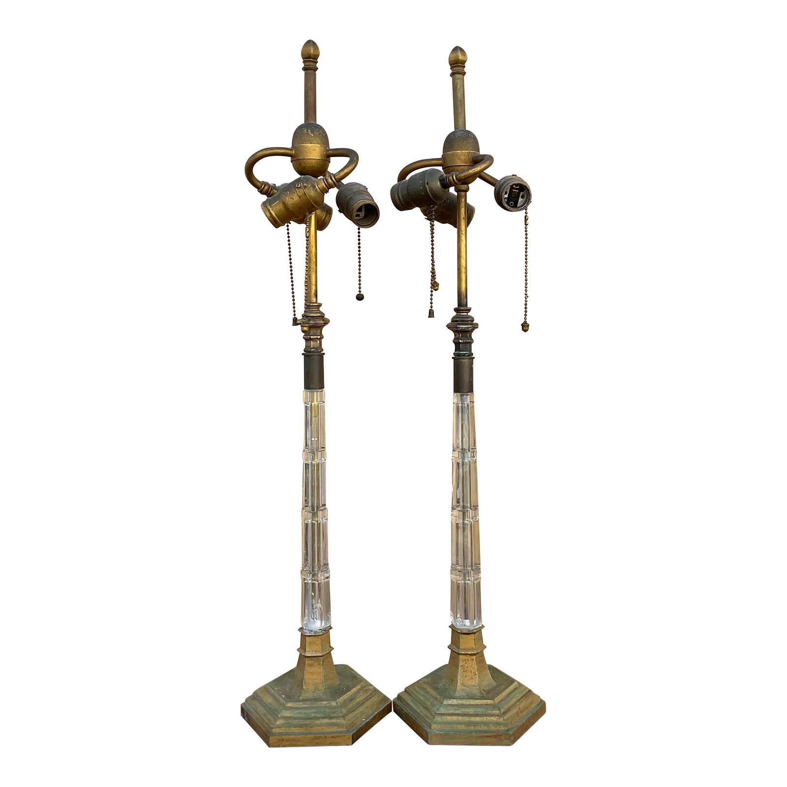 Pair of Vintage Brass Cut Crystal Table Lamps with Three Bulbs (1 of 7)