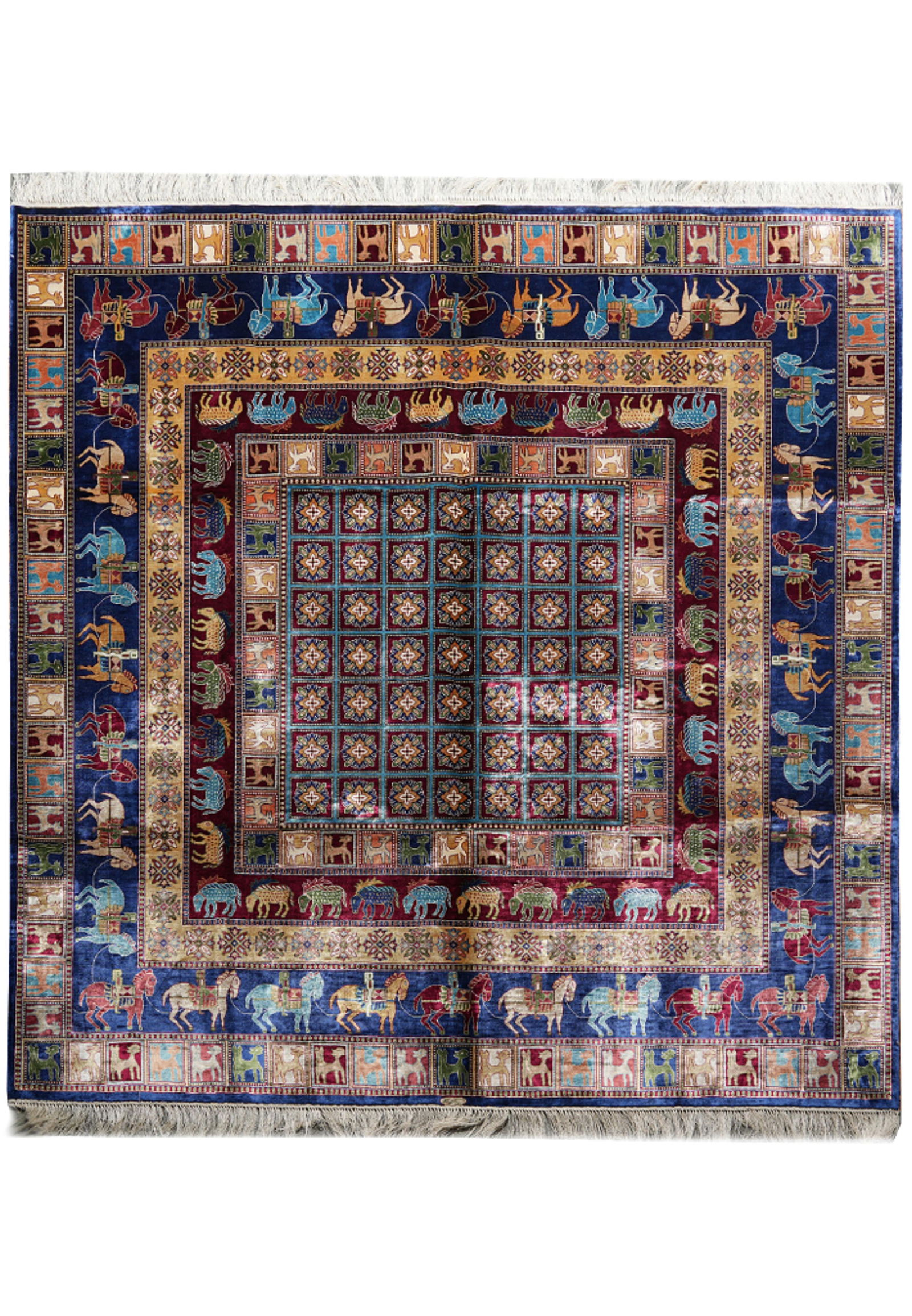 6 x 6 Royal Blue Deep Crimson Silk Bakhtiar Square Rug: 6 x 6 Royal Blue Deep Crimson Silk Bakhtiar Square Rug Free continental US Shipping This 6 x 6 square Bakhtiar rug features a royal blue field with deep crimson accents, expertly handcrafted from fine