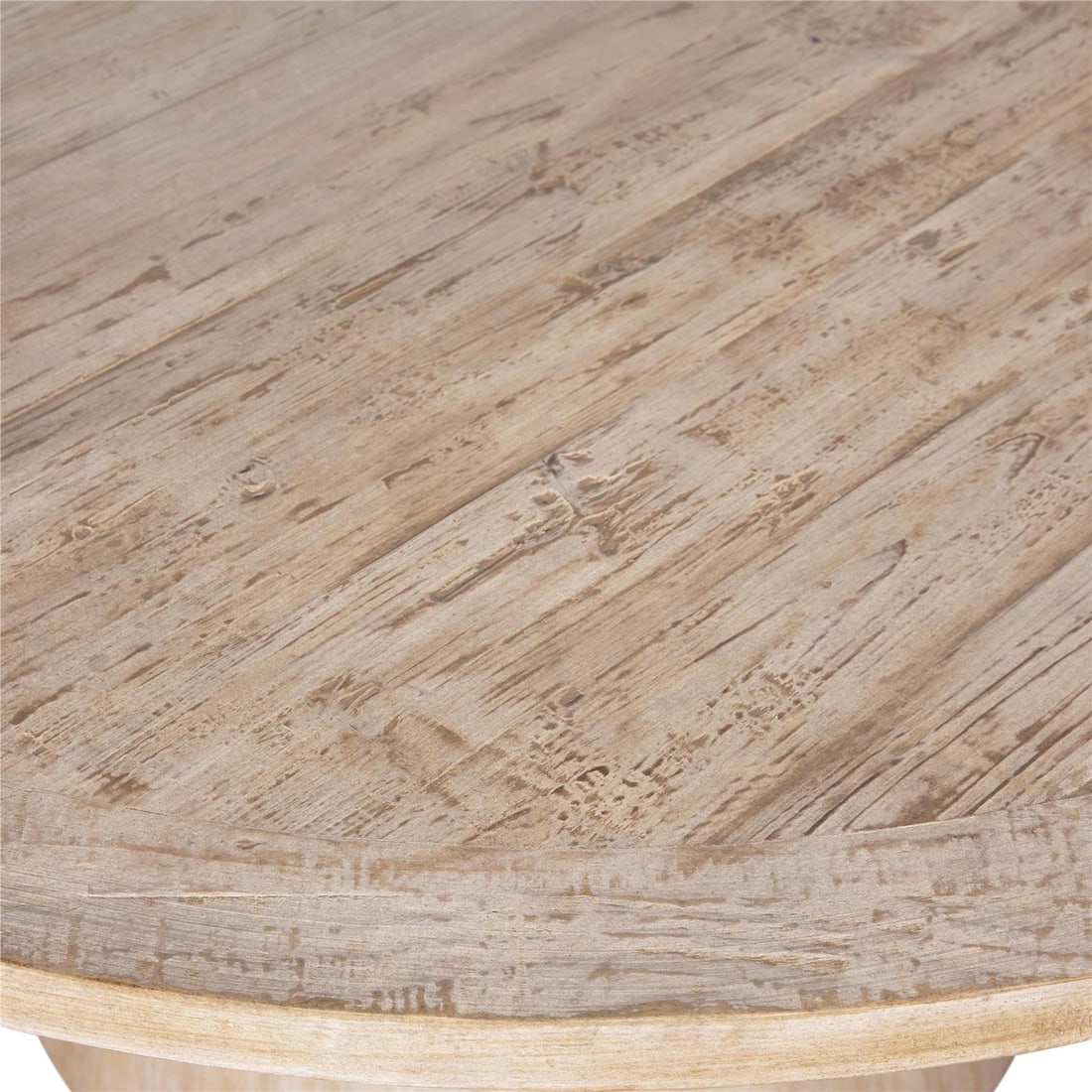Transitional 65 Inch Round Dining Table in Reclaimed Pine: Transitional 65 Inch Round Dining Table in Reclaimed Pine This elegant 65" round dining table is expertly crafted from reclaimed pine wood, showcasing a light warm wash finish that enhances its natura