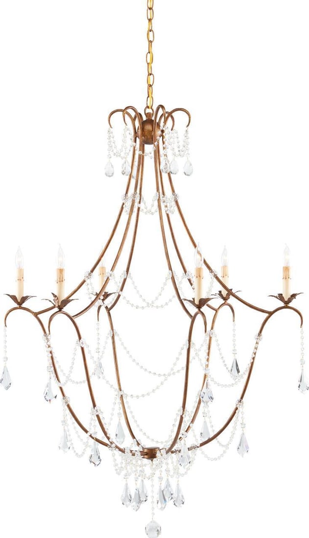 Currey Elizabeth Chandelier Crystal Accents Rococo Style Gold Finish: Currey Elizabeth Chandelier Crystal Accents Rococo Style Gold Finish Illuminate your space with the elegant Crystal-Accented Elizabeth Chandelier, a stunning addition to any decor. This bowl chandelie