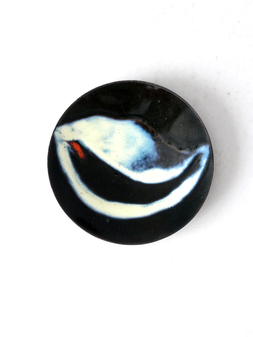Mid-Century Enamel Copper Dish Abstract Design 4.75 Inch: Mid-Century Enamel Copper Dish Abstract Design 4.75 Inch This mid-20th century enamel plated copper dish showcases a striking abstract swirl design in black, white, blue, and red. The small copper pla