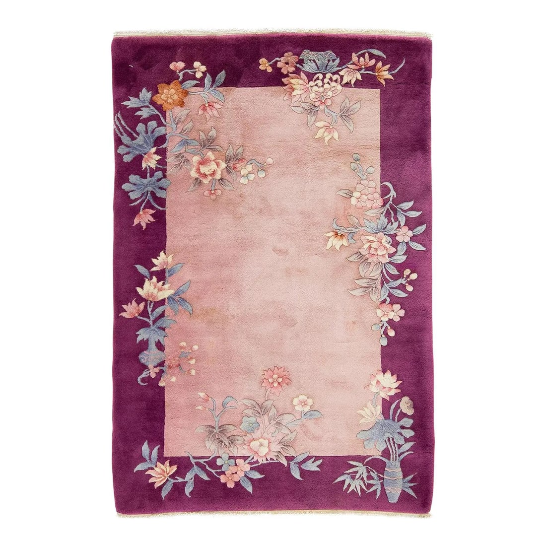 Antique Chinese Art Deco Pink Wool Rug 4 x 6 Floral Design: Antique Chinese Art Deco Pink Wool Rug 4 x 6 Floral Design This exquisite small antique Chinese Art Deco rug features a hand-knotted construction using high-quality wool. The soft pink background is a