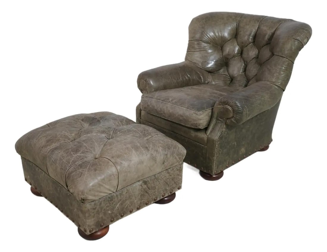 Ralph Lauren Style Distressed Leather Tufted Chair & Ottoman Set: Ralph Lauren Style Distressed Leather Tufted Chair & Ottoman Set This elegant tufted leather chair and ottoman set showcases quality construction and timeless design. The chair features cherry bun fee