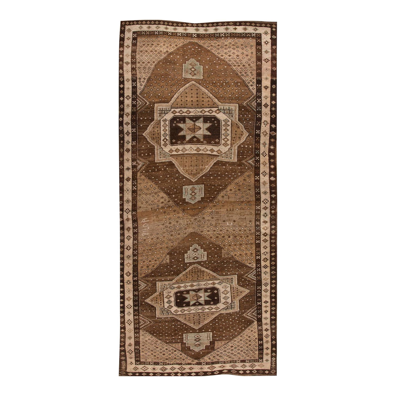 1950s Turkish Anatolian Handmade Wool Rug 5'6 x 12'4 Geometric Design: 1950s Turkish Anatolian Handmade Wool Rug 5'6 x 12'4 Geometric Design This stunning vintage Anatolian rug showcases a beautiful hand-knotted wool construction in a rich brown color. Adorned with a str