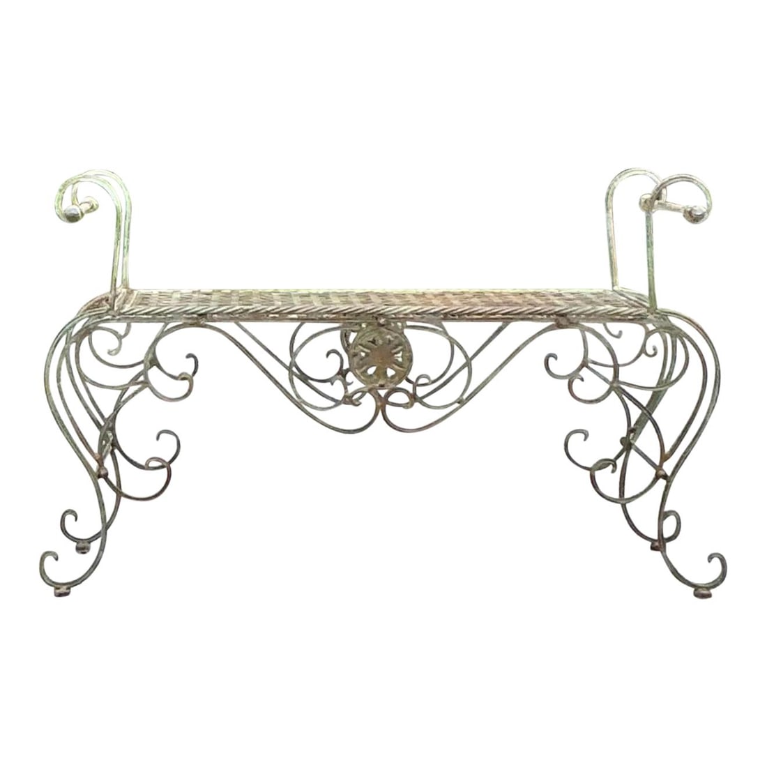 Vintage Gino Patinated Steel Scroll Bench Charcoal Color Unique Craftsmanship: Vintage Gino Patinated Steel Scroll Bench Charcoal Color Unique Craftsmanship Elevate your space with this Vintage Gino Patinated Steel Scroll Bench, a perfect blend of artistic sophistication and fun
