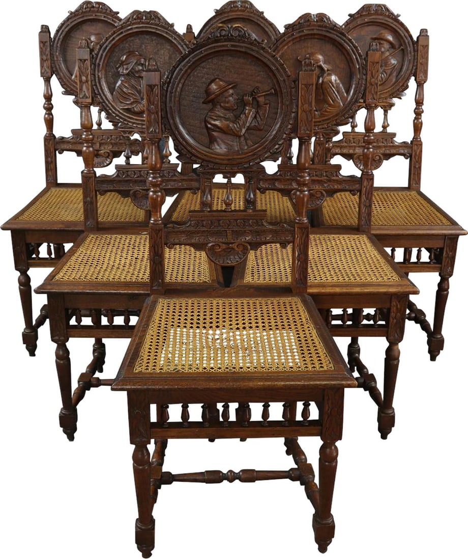 1880 French Antique Brittany Style Oak Cane Dining Chairs Set (1 of 18)