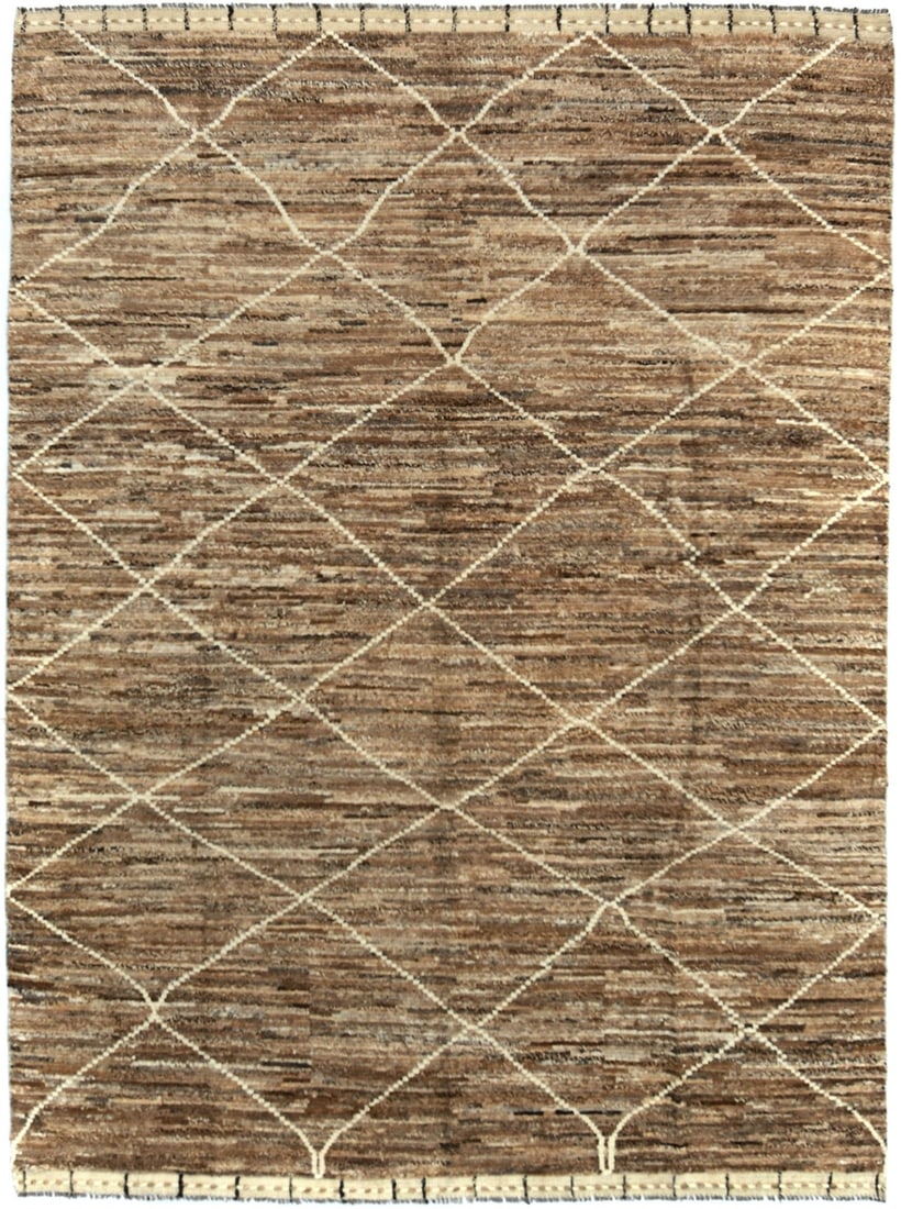 Large 7'7 x 10'5 Wool Hand-Knotted Modern Moroccan Geometric Area Rug: Large 7'7 x 10'5 Wool Hand-Knotted Modern Moroccan Geometric Area Rug This handmade Boho Oriental rug features a Moroccan tribal and modern style, offering a unique geometric pattern in beige, brown,