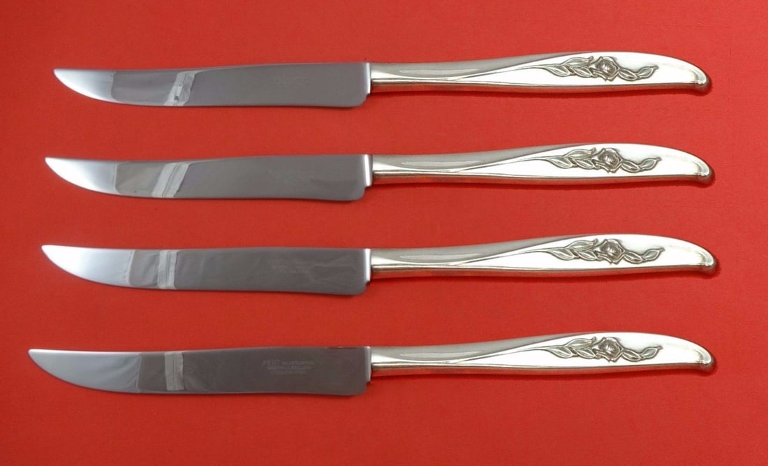 Wallace Penrose Sterling Silver Steak Knife Set 4pc Texas Sized: Wallace Penrose Sterling Silver Steak Knife Set 4pc Texas Sized This remarkable 4-piece steak knife set features the Penrose pattern by Wallace, crafted from sterling silver with durable stainless ste