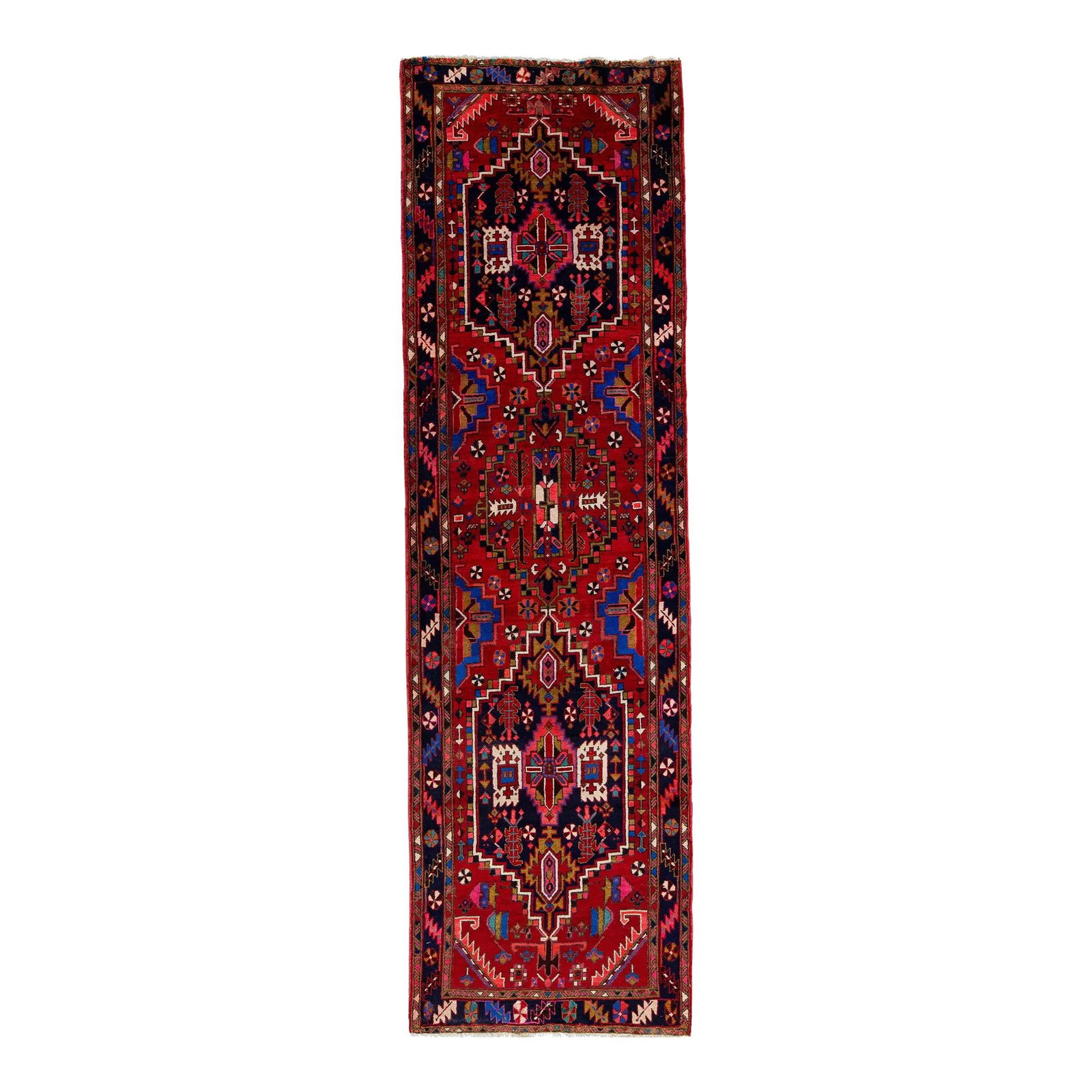Vintage 1960s Handmade Heriz Wool Runner Red Multicolor 3'4 x 11'7: Vintage 1960s Handmade Heriz Wool Runner Red Multicolor 3'4 x 11'7 This stunning vintage Heriz hand-knotted wool runner features an all-over motif with vibrant multicolor accents set against a rich re