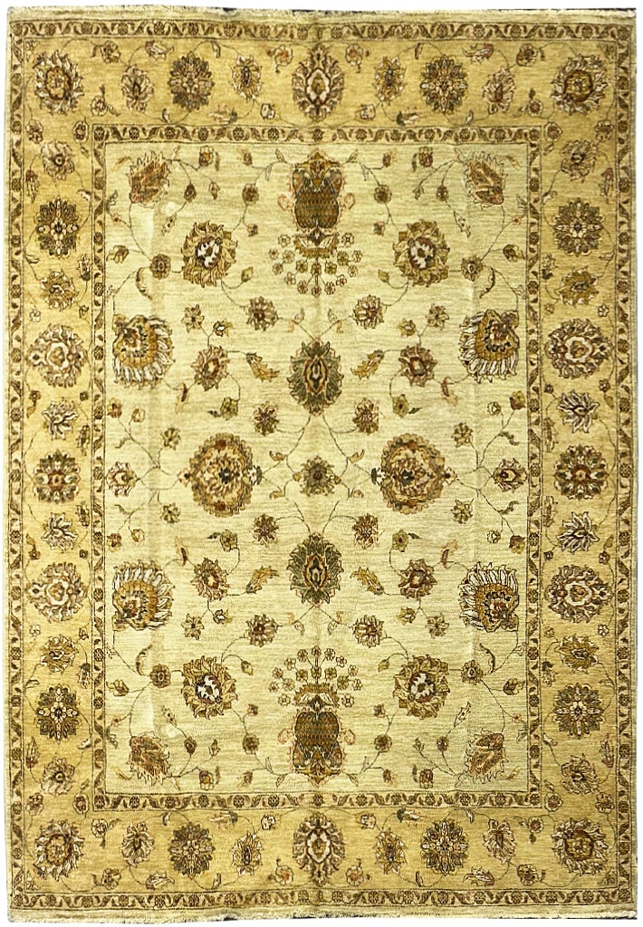 Beige Gold Handmade Chobi Peshawar Rug 7.1 x 9.9 ft: Beige Gold Handmade Chobi Peshawar Rug 7.1 x 9.9 ft Free continental US Shipping Experience the elegance of this exquisite 7.1 x 9.9 beige and gold handmade Chobi Peshawar rug. Crafted with care, this