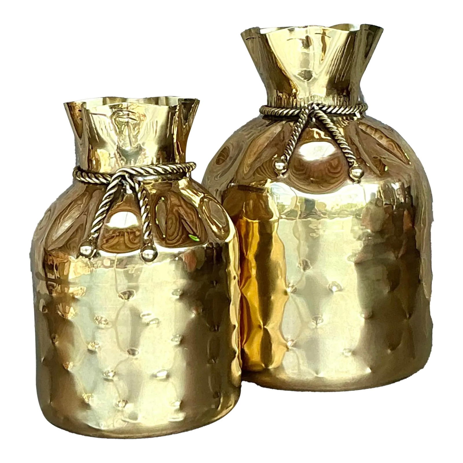 Vintage Set of 2 Polished Brass Tethered Bag Vases: Vintage Set of 2 Polished Brass Tethered Bag Vases Elevate your home decor with this stunning set of two vintage polished brass tethered bag vases. Featuring a captivating hammered brass finish, these