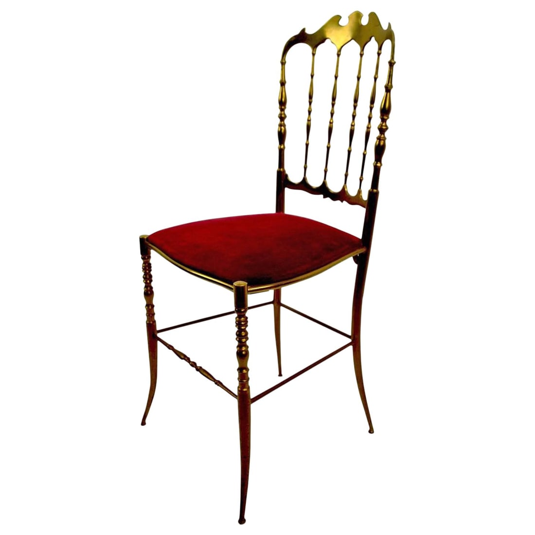Charivari Brass Side Chair with Red Velvet Seat: Charivari Brass Side Chair with Red Velvet Seat Introducing an elegant and sophisticated side chair crafted by the renowned Italian maker Charivari. This chic chair features a patinated brass frame co