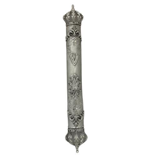 Handmade 925 Sterling Silver Mezuzah with Leaf Applique Crown: Handmade 925 Sterling Silver Mezuzah with Leaf Applique Crown This exquisite Mezuzah is crafted from fine 925 sterling silver, showcasing a stunning handmade chased leaf applique and an ornate crown d