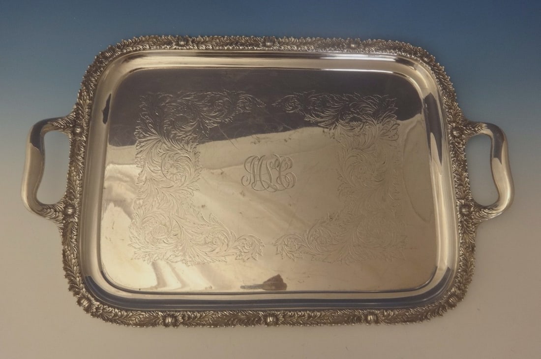 Tiffany & Co Chrysanthemum Sterling Silver Tea Tray 27 x 21 Art Nouveau: Tiffany & Co Chrysanthemum Sterling Silver Tea Tray 27 x 21 Art Nouveau Indulge in the elegance of the Chrysanthemum tea tray by Tiffany & Co., a stunning piece that embodies the Art Nouveau style. Cr