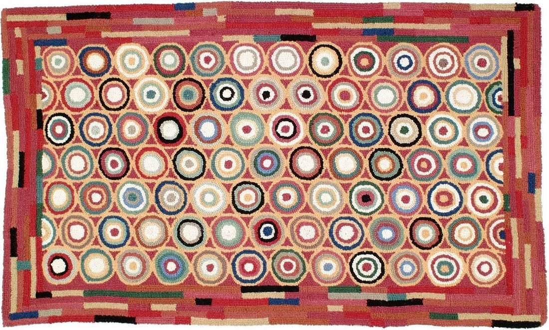 Americana Style 3x3 Round Wool Rug Handcrafted in USA: Americana Style 3x3 Round Wool Rug Handcrafted in USA Discover this charming 3x3 wool rug, beautifully crafted in an antique or vintage style. This new item showcases a round shape with a delightful A