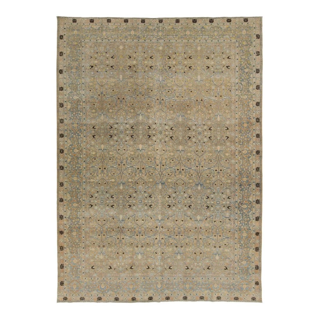 9' x 12'6" Hand-Knotted Wool Tabriz Rug With Floral Motifs in Soft Hues: 9' x 12'6" Hand-Knotted Wool Tabriz Rug With Floral Motifs in Soft Hues This hand-knotted antique Tabriz rug features intricate floral designs and a palette of muted beige, soft blue, and warm brown t