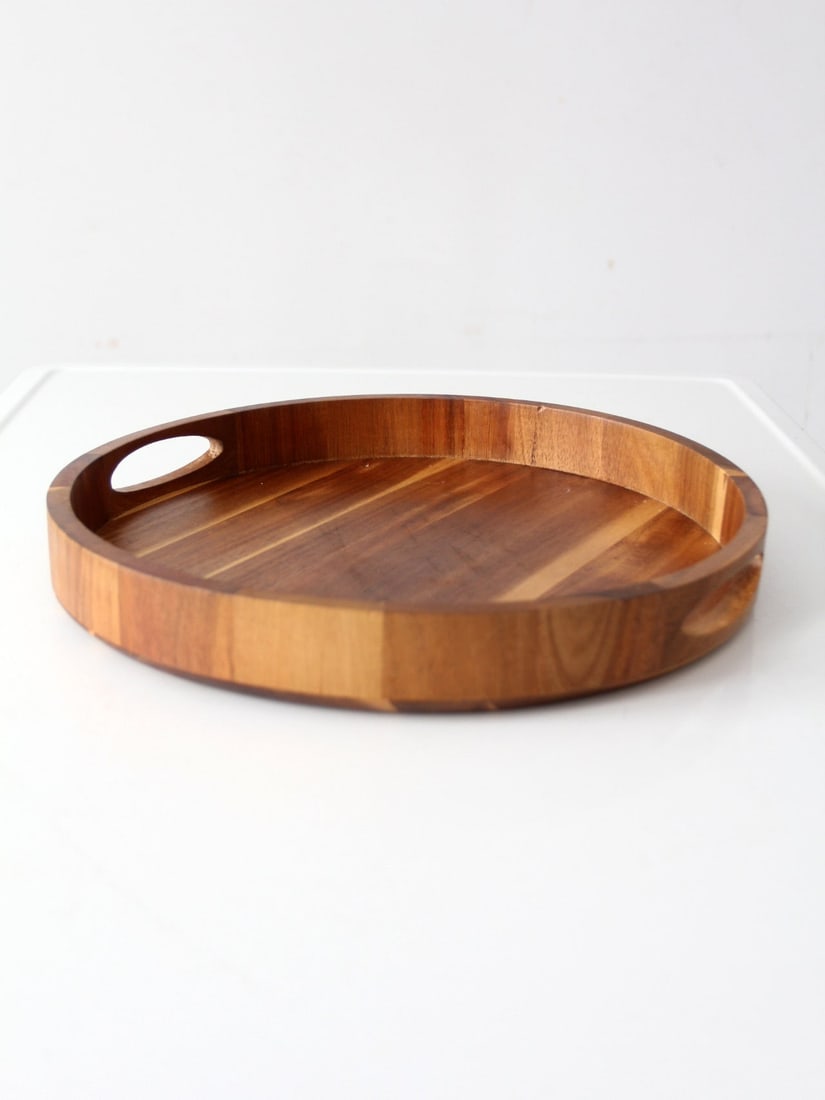 Vintage 15 Inch Round Wooden Serving Tray with Handles (1 of 10)