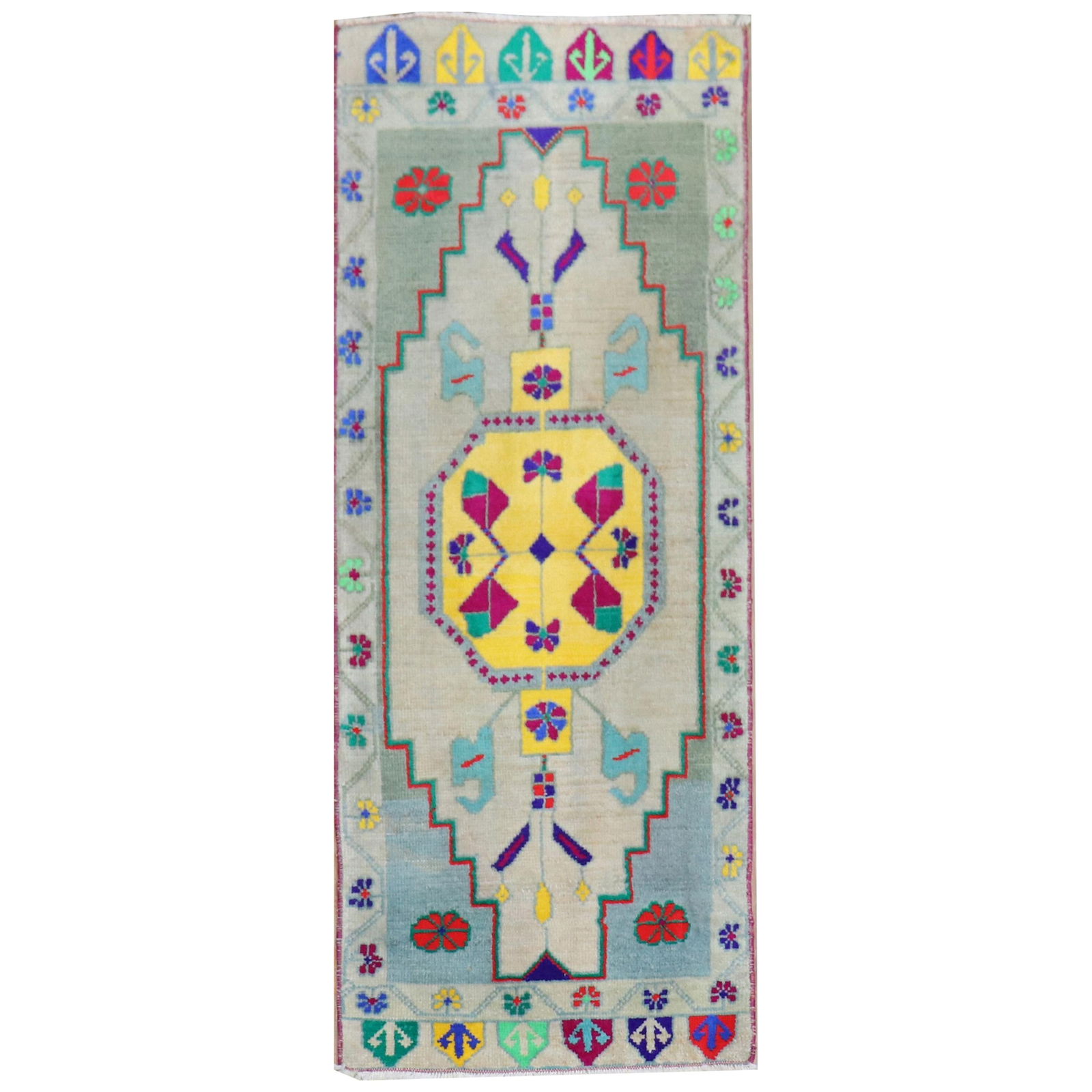 Mid-20th Century Turkish Anatolian Wool Mat Rug 1'8 x 3'11 Hand-Woven: Mid-20th Century Turkish Anatolian Wool Mat Rug 1'8 x 3'11 Hand-Woven This is a one-of-a-kind vintage Turkish Anatolian mat rug from the mid-20th century. Hand-woven from wool, it features a unique fu