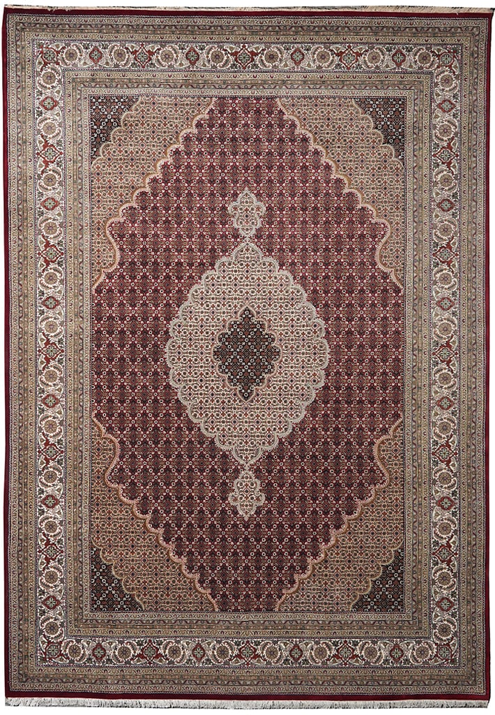 8 x 11.6 Handmade Wool Silk Mahi Tabriz Area Rug Burgundy Cream Medallion: 8 x 11.6 Handmade Wool Silk Mahi Tabriz Area Rug Burgundy Cream Medallion Free continental US Shipping This 8 x 11.6 foot handmade rug features a finer weave, crafted from a blend of wool and silk. Sh