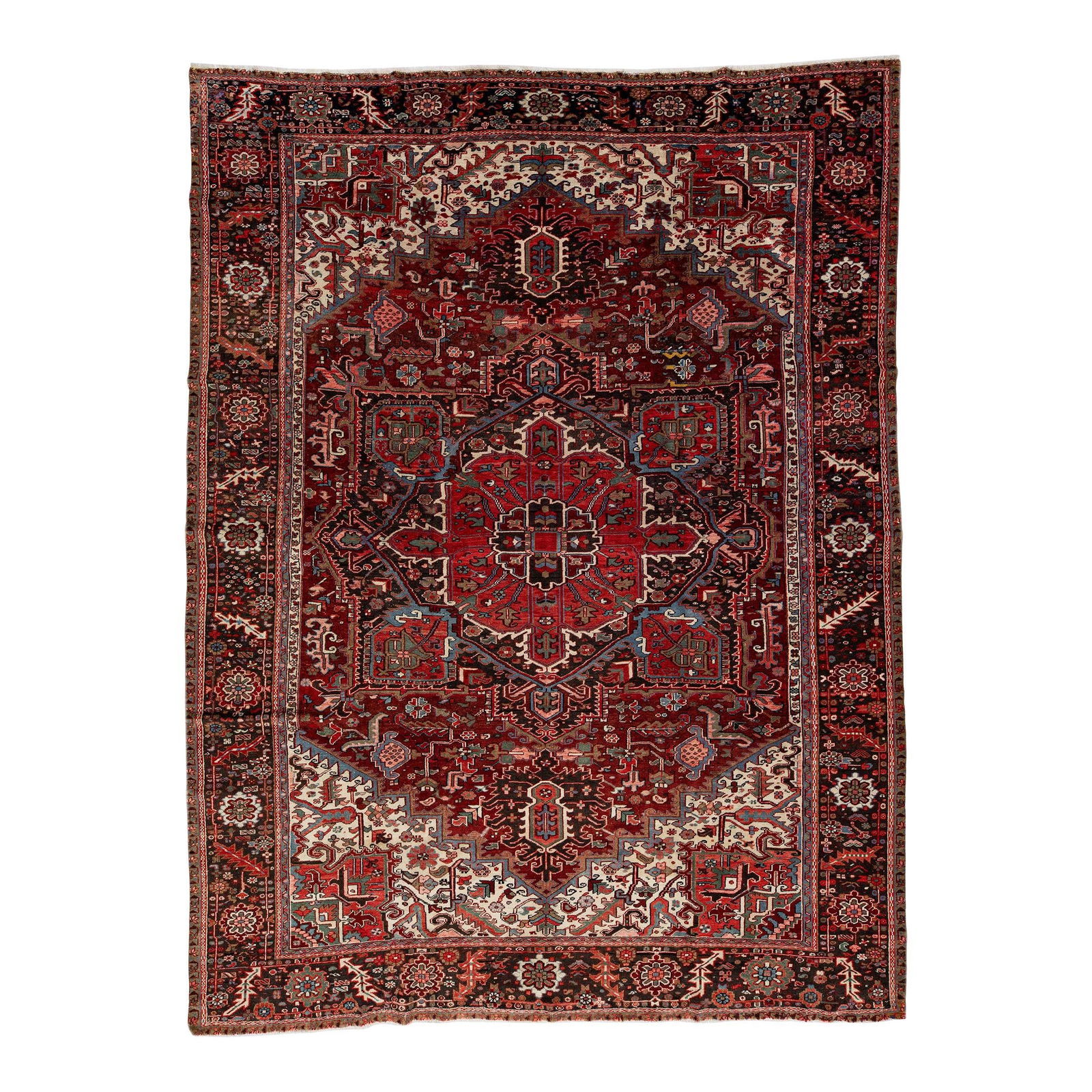 1930s Persian Heriz Red Handmade Wool Rug 9'7 x 12'10: 1930s Persian Heriz Red Handmade Wool Rug 9'7 x 12'10 Discover a stunning vintage Persian Heriz rug, meticulously handcrafted from premium wool. This exquisite piece features a vibrant red color field