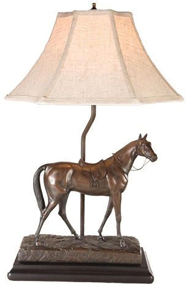 Breyer Horse Lamp with Hand-Painted Shade Lodge Style Lighting: Breyer Horse Lamp with Hand-Painted Shade Lodge Style Lighting Illuminate your space with this exquisite Hand-Cast Breyer Horse Lamp, featuring a beautifully hand-painted shade. This unique lighting p