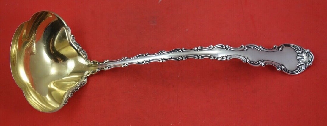 Gorham Strasbourg Sterling Silver Soup Ladle 13.5 Gold Wash Lacing: Gorham Strasbourg Sterling Silver Soup Ladle 13.5 Gold Wash Lacing This exquisite soup ladle features the Strasbourg pattern by Gorham, crafted from sterling silver with a gold wash and elegant applie