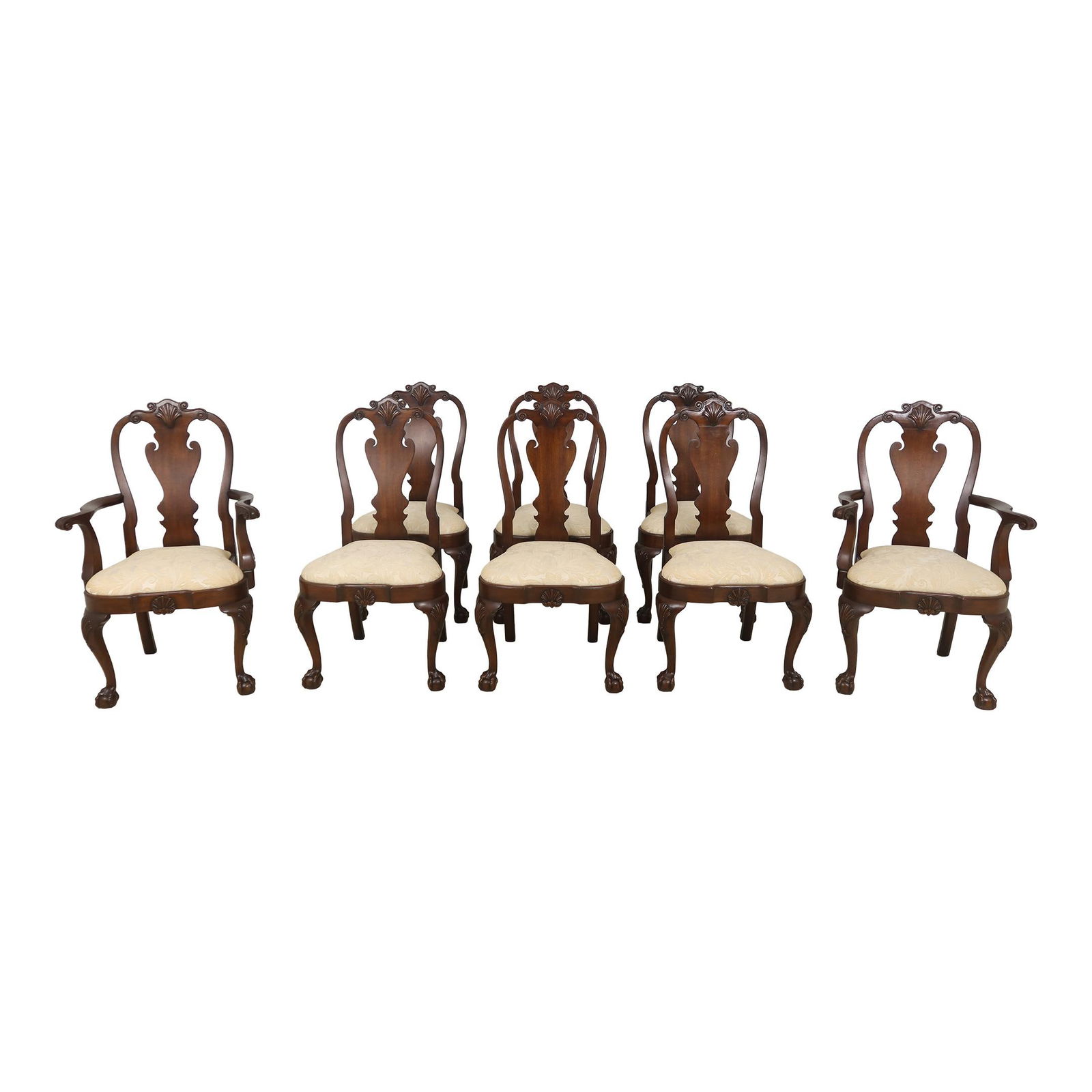Set of 8 Chippendale Mahogany Dining Chairs with Damask Upholstery: Set of 8 Chippendale Mahogany Dining Chairs with Damask Upholstery This exquisite set of 8 Chippendale dining room chairs features a classic Philadelphia style, crafted from solid mahogany for durabil
