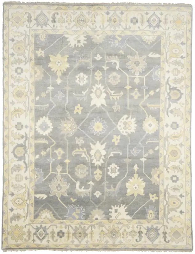 Hand-Knotted Floral Oushak Chobi Wool Rug 9'2 x 11'11 Modern Decor: Hand-Knotted Floral Oushak Chobi Wool Rug 9'2 x 11'11 Modern Decor Discover the elegance of this Hand-Knotted Floral Oushak Chobi Oriental Wool Rug, measuring 9'2" x 11'11". Crafted in India, this bea