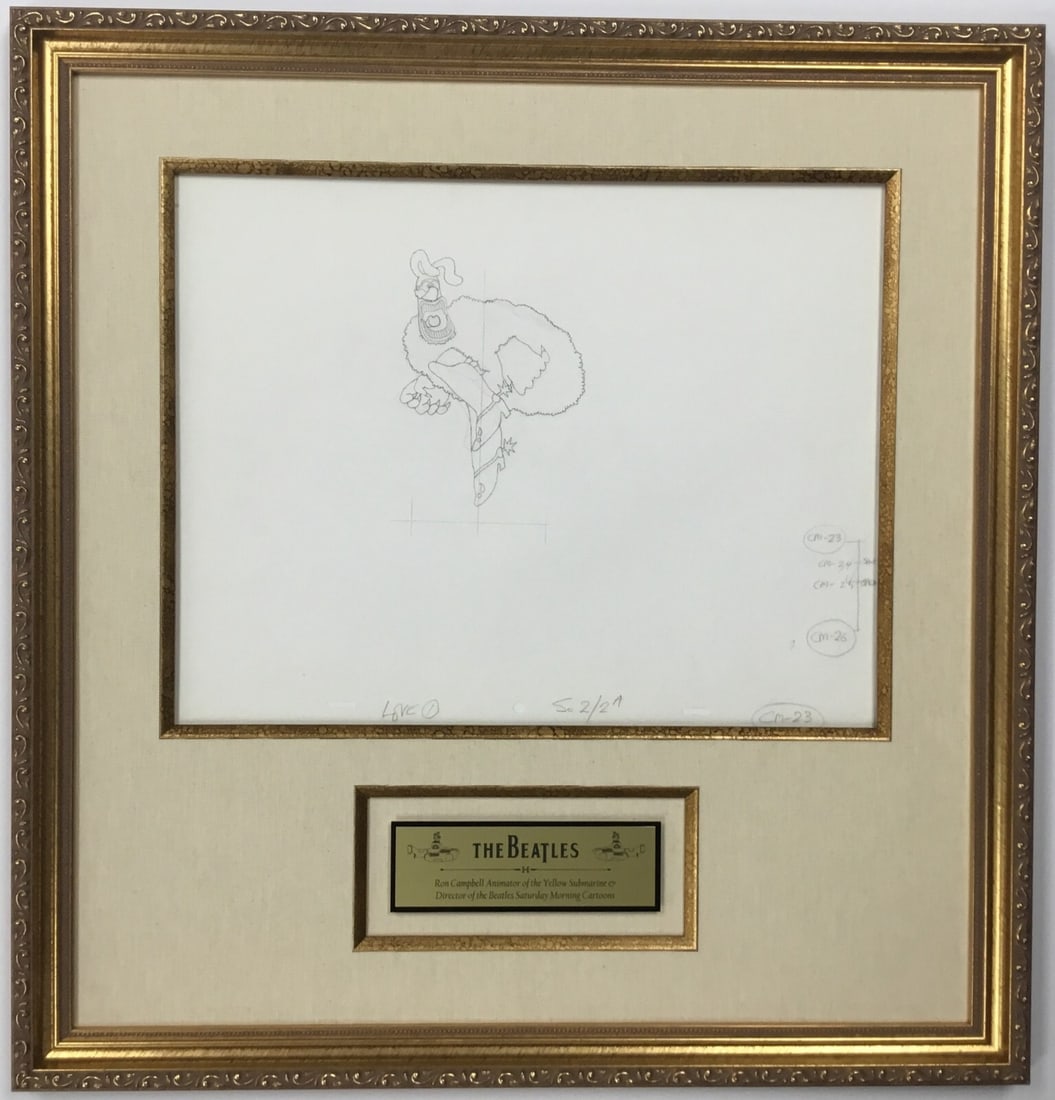 1968 Beatles Yellow Submarine Chief Blue Meenie Drawing by Ron Campbell LOA: 1968 Beatles Yellow Submarine Chief Blue Meenie Drawing by Ron Campbell LOA This original 1968 production drawing features Chief Blue Meenie from the Beatles' iconic animated film "Yellow Submarine."