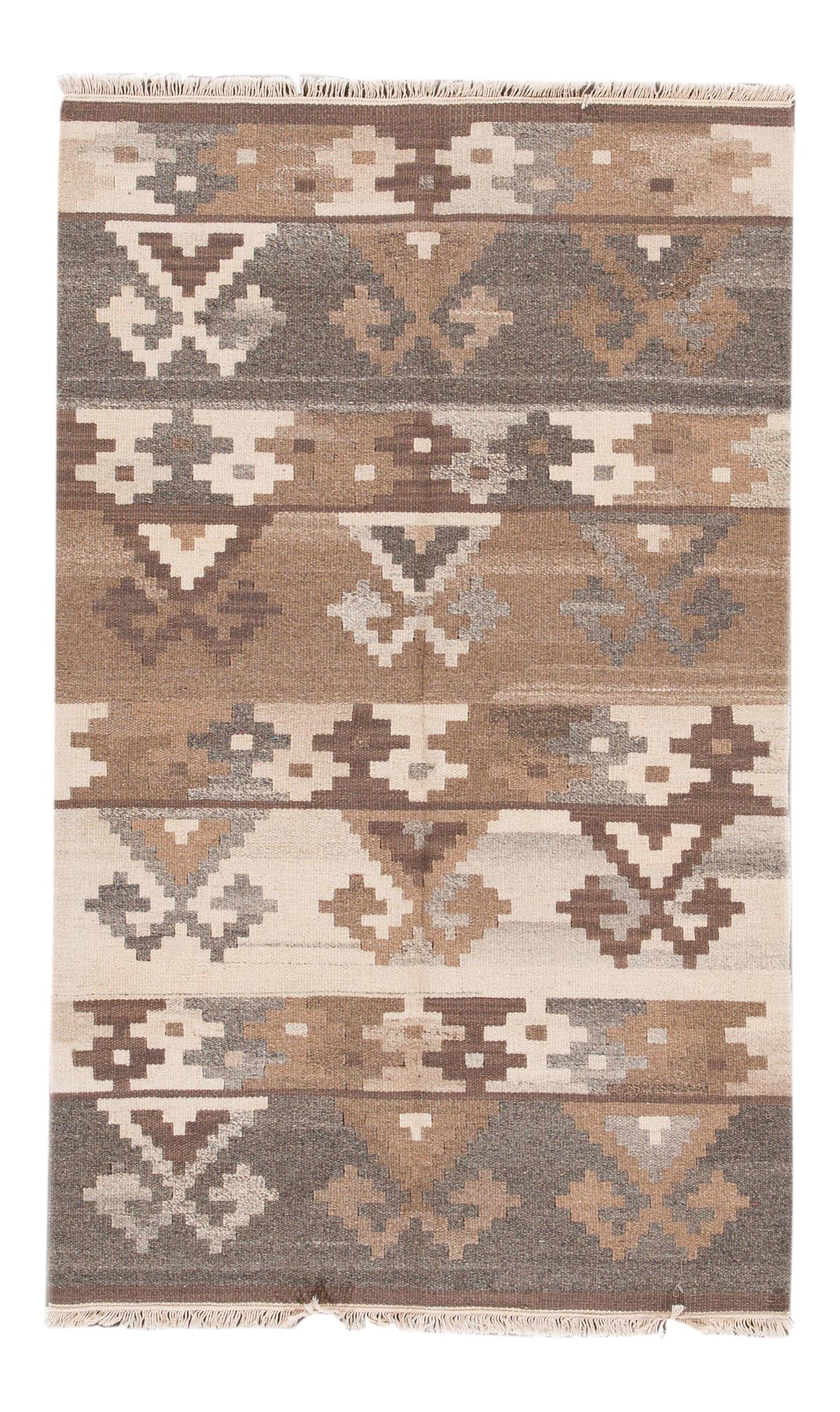 Modern Kilim Hand-Knotted Wool Rug Ivory Geometric Design 3'4 x 5'4: Modern Kilim Hand-Knotted Wool Rug Ivory Geometric Design 3'4 x 5'4 Enhance your living space with this stunning Modern Kilim Handmade Wool Rug, expertly crafted with a hand-knotted technique. Featuri