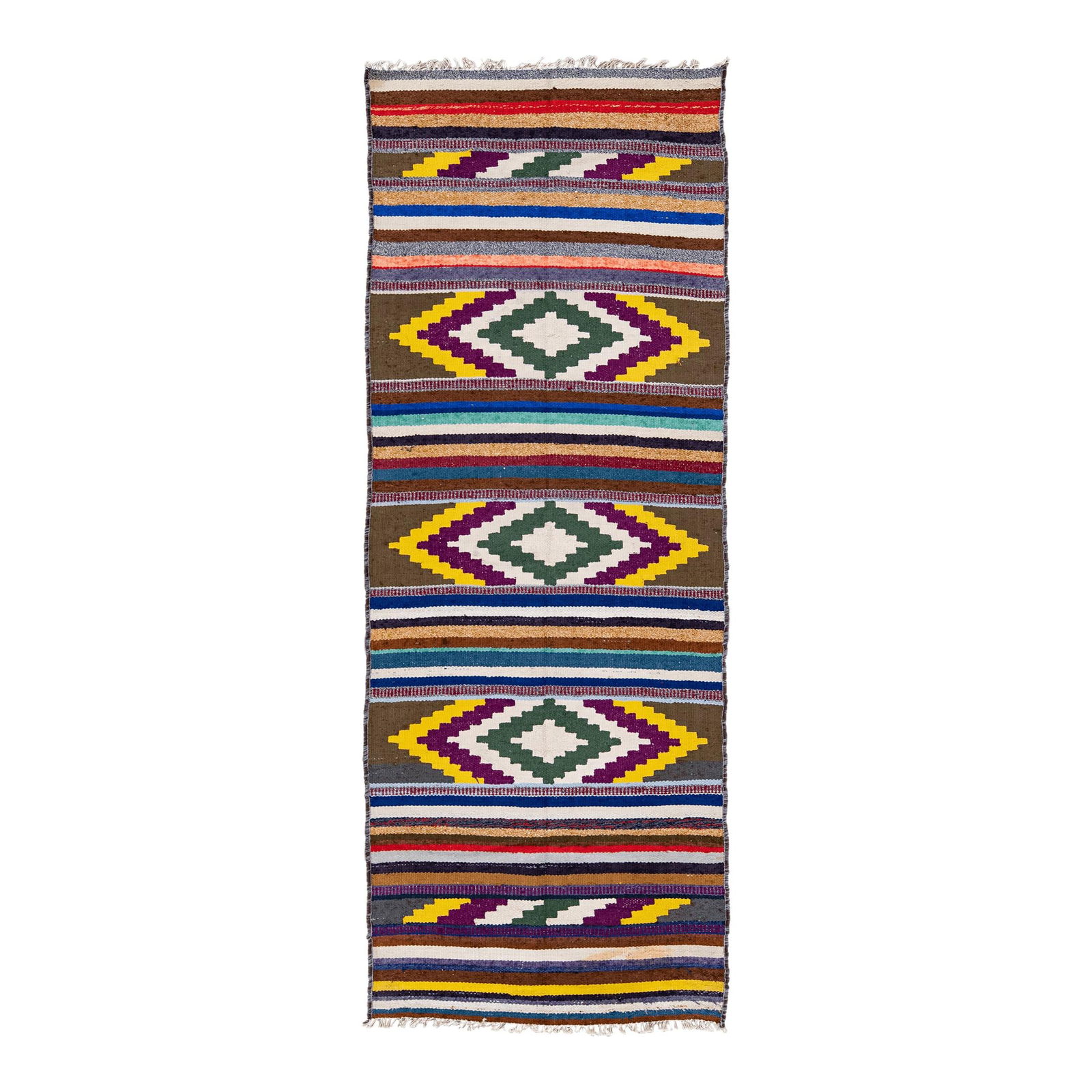 Vintage Geometric Multicolor Wool Kilim Runner 3'0 X 8'9: Vintage Geometric Multicolor Wool Kilim Runner 3'0 X 8'9 This beautiful vintage kilim handmade wool runner showcases a vibrant multicolor field adorned with a stunning all-over geometric design. Craft