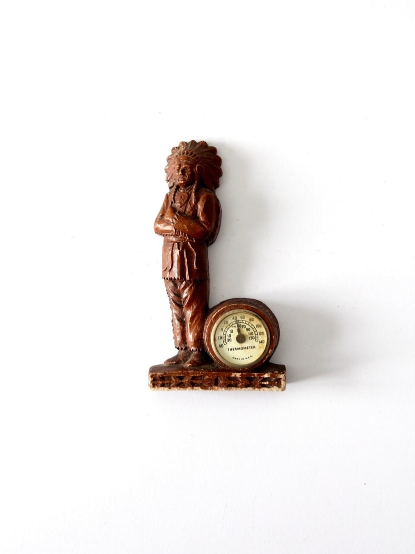Vintage Syroco Style Composite Wood Indian Decor with Thermometer: Vintage Syroco Style Composite Wood Indian Decor with Thermometer This vintage Syroco style decorative item features a charming cast composite wood Indian figure standing beside a decorative thermomet