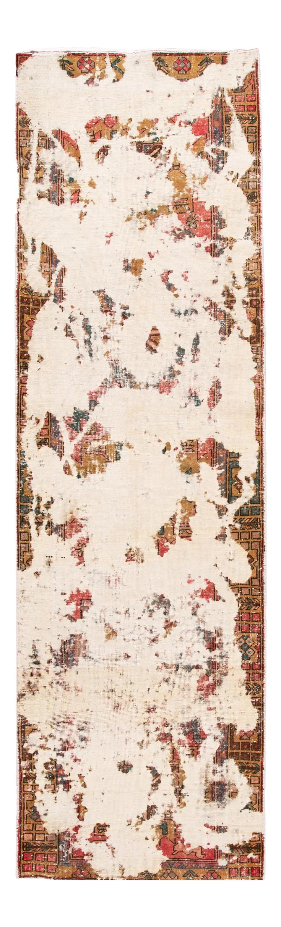 Vintage Handmade Wool Runner Abstract Design 3'3 x 10'9 Ivory: Vintage Handmade Wool Runner Abstract Design 3'3 x 10'9 Ivory Enhance your space with this beautiful vintage hand-knotted wool runner, showcasing a stunning ivory field adorned with an abstract multic