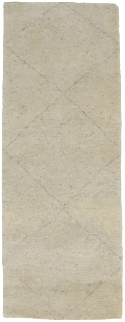 Handmade Beige Wool Moroccan Rug 2x5.5 ft Modern Tribal Design: Handmade Beige Wool Moroccan Rug 2x5.5 ft Modern Tribal Design Enhance your space with this exquisite handmade Moroccan Oriental rug, featuring a stunning beige tribal design. Measuring 2'0" x 5'5" (2