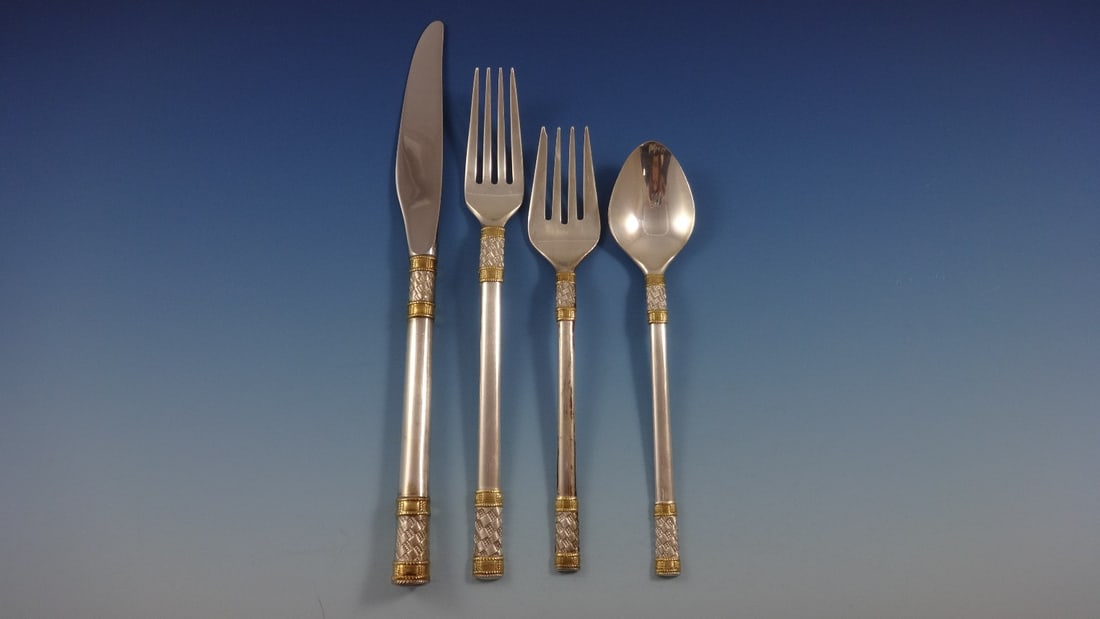 Wallace Aegean Weave Gold Sterling Silver Flatware Set 72 Pcs for 18 Service: Wallace Aegean Weave Gold Sterling Silver Flatware Set 72 Pcs for 18 Service This exquisite Aegean Weave Gold flatware set by Wallace combines the elegance of classic design with contemporary appeal.
