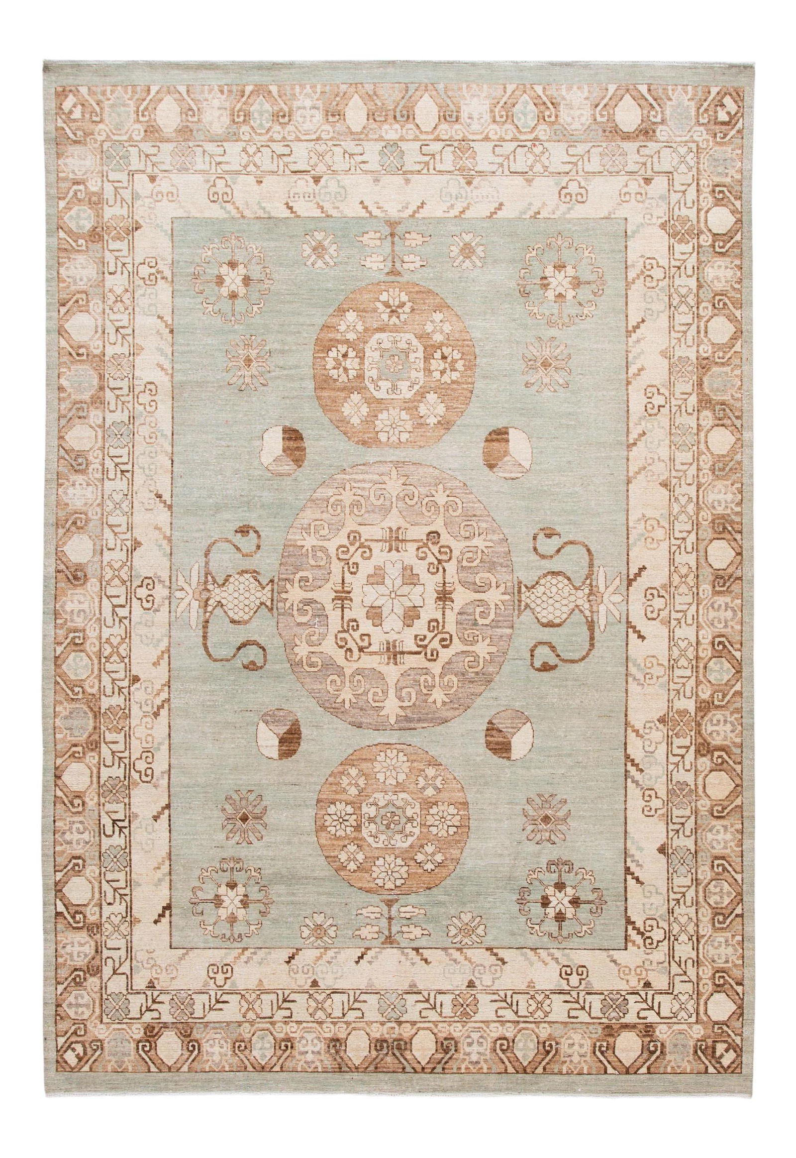 Handmade Modern Khotan Green Wool Rug 7'10 x 11'6 Geometric Design: Handmade Modern Khotan Green Wool Rug 7'10 x 11'6 Geometric Design Enhance your living space with this stunning Modern Khotan Style Handmade Wool Rug, featuring a vibrant green field complemented by a