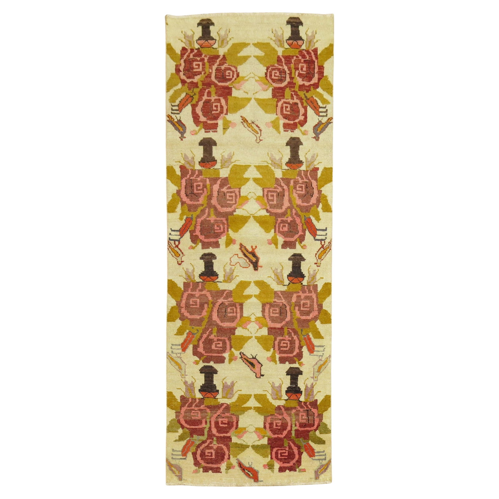 Vintage Turkish Floral Konya Runner Wool Hand-Woven 34 x 88 in: Vintage Turkish Floral Konya Runner Wool Hand-Woven 34 x 88 in This vintage Turkish floral runner showcases a beautiful mid-century modern design, featuring large flowers set against a soft cream back