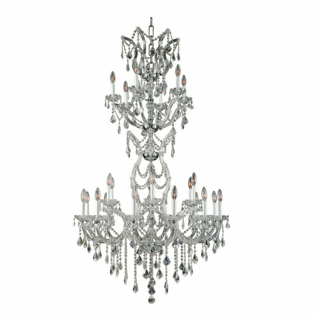 Alexandria 24-Light Crystal Ceiling Chandelier Grand King K9 Chrome 52in: Alexandria 24-Light Crystal Ceiling Chandelier Grand King K9 Chrome 52in This Maria Theresa style chandelier features a polished chrome frame adorned with high-quality Grand King K9 crystals, providin