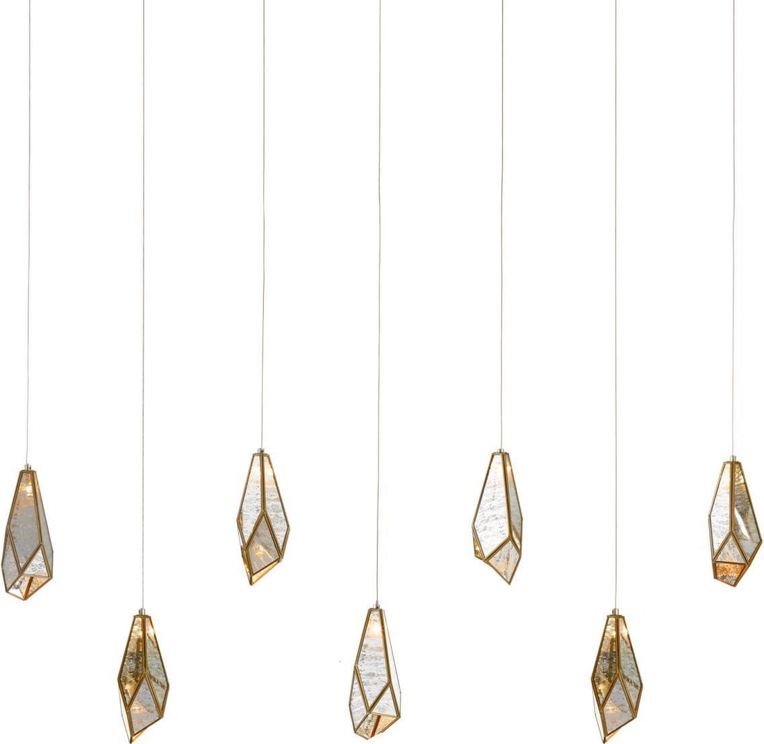 Currey Multi-Drop Pendant Brass 7-Light Adjustable: Currey Multi-Drop Pendant Brass 7-Light Adjustable Illuminate your space with this elegant multi-drop pendant light, featuring a stunning antique brass finish that evokes vintage charm. This exquisite