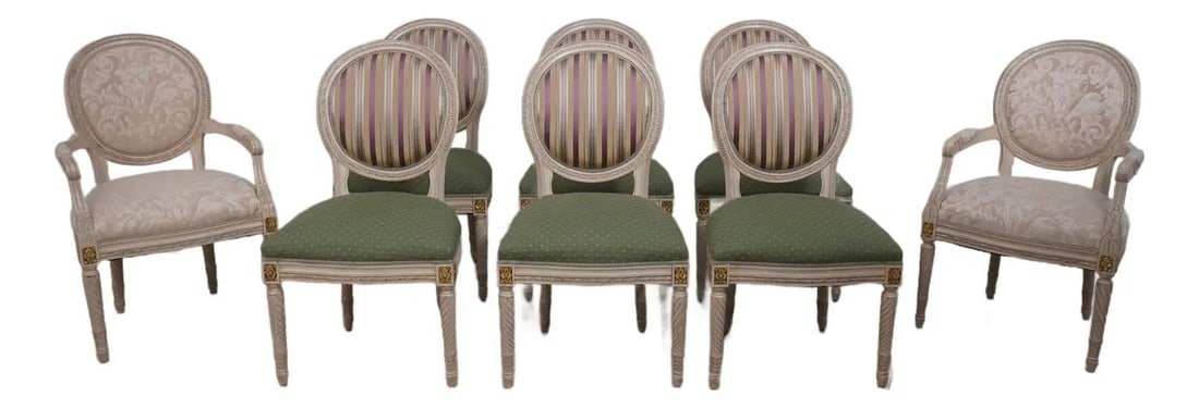 Set of 8 Louis XVI Medallion Back Dining Chairs: Set of 8 Louis XVI Medallion Back Dining Chairs This exquisite set of 8 Louis XVI painted medallion back dining chairs showcases the elegance of French design with a blend of ornate carved details and