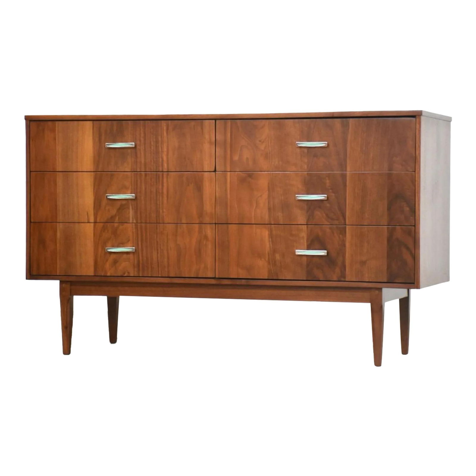 Mid Century Modern Kroehler Walnut Dresser with Chrome Pulls: Mid Century Modern Kroehler Walnut Dresser with Chrome Pulls This stunning mid-century modern dresser features a beautifully refinished walnut finish. Designed by Kroehler Furniture, it boasts six spa