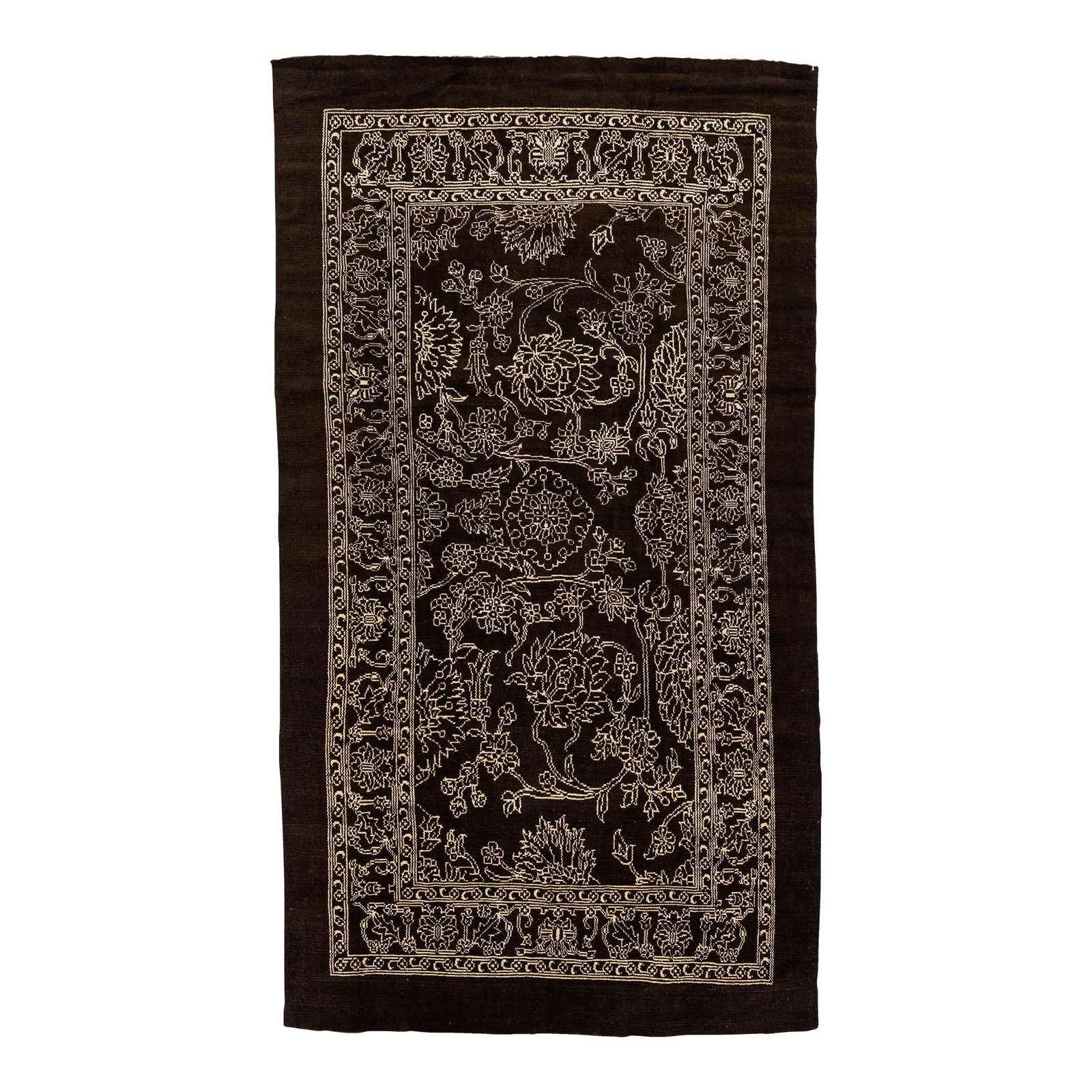 Handmade Mid-Century Modern Brown Wool Rug 6'9 x 12'4 Geometric Motif: Handmade Mid-Century Modern Brown Wool Rug 6'9 x 12'4 Geometric Motif This stunning Mid-Century Modern style rug showcases a rich brown color field complemented by beige accents, creating a striking a