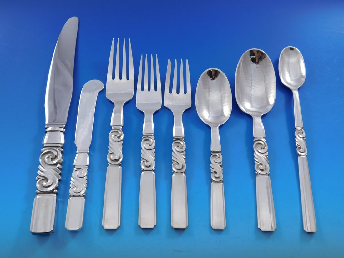 Georg Jensen Scroll Sterling Silver Flatware Set 106 pcs for 12 Art Nouveau: Georg Jensen Scroll Sterling Silver Flatware Set 106 pcs for 12 Art Nouveau This exquisite 106-piece Sterling Silver Flatware Set from Georg Jensen features the elegant Scroll pattern, designed by Joh