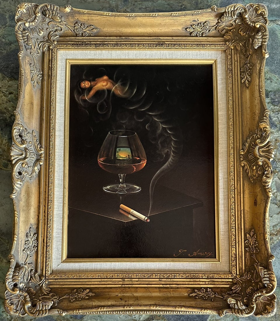 Original Teimur Amiry Oil Painting Nude with Cigarette Cognac: Original Teimur Amiry Oil Painting Nude with Cigarette Cognac Discover a stunning original oil painting by renowned California artist Teimur Amiry. This captivating artwork features a unique depiction