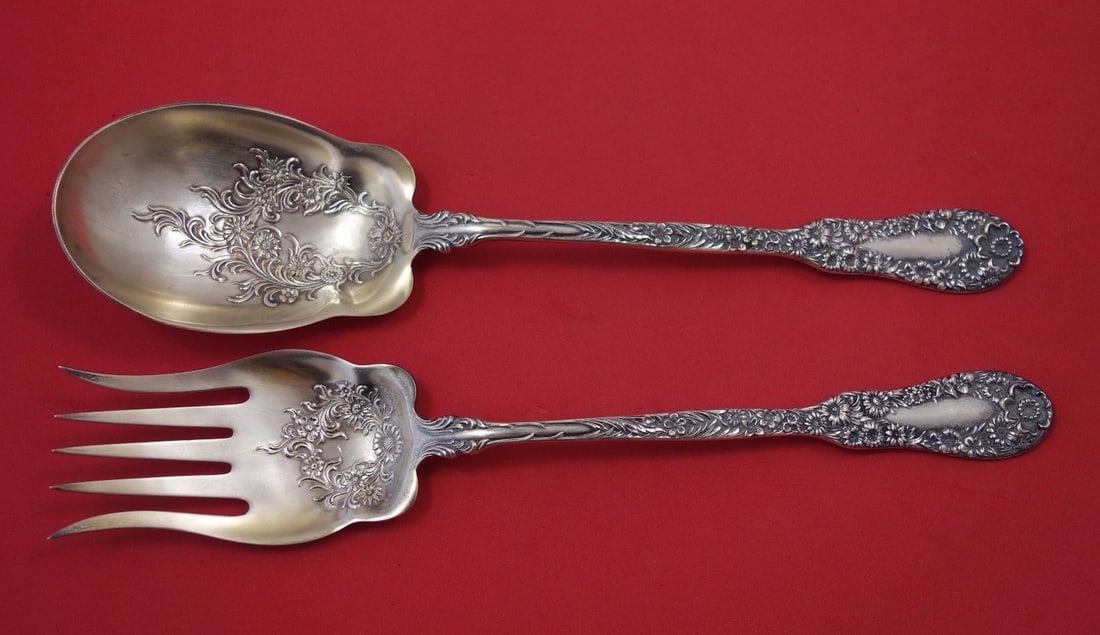 Dominick & Haff Number 10 Sterling Silver Salad Serving Set 2pc Gold Wash Floral: Dominick & Haff Number 10 Sterling Silver Salad Serving Set 2pc Gold Wash Floral This exquisite 2-piece salad serving set is crafted from sterling silver by renowned maker Dominick & Haff, featuring t