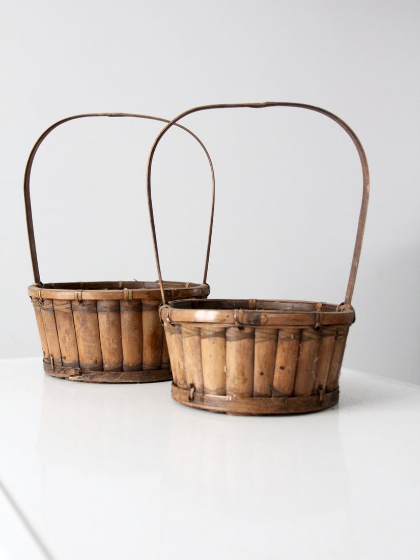 Vintage Set of 2 Bamboo Handle Baskets with Slatted Sides (1 of 8)